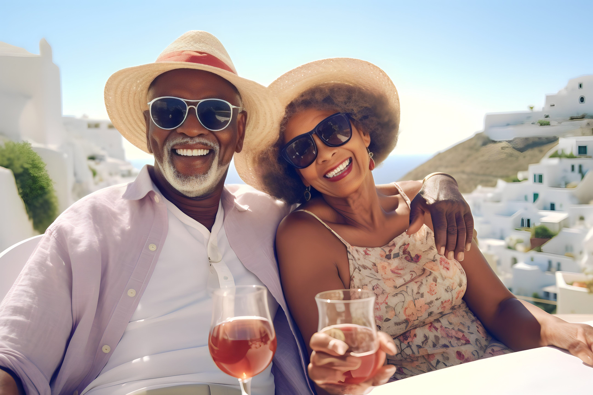 A couple toasting on a sunlit terrace overlooking the sea